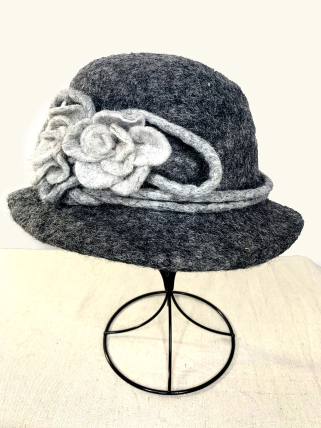 Felt Charcoal Hat with Flower