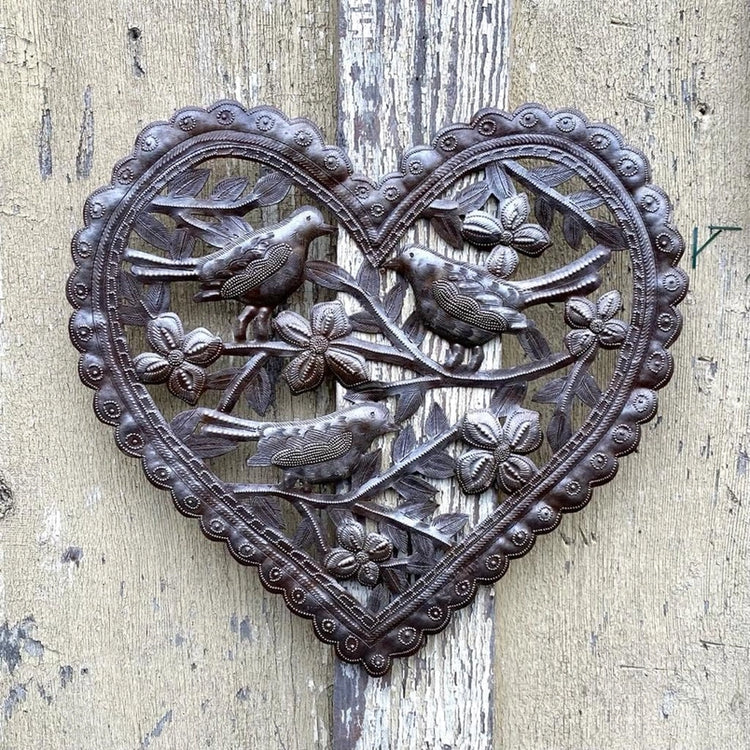 Birds and Flowers Heart Shaped Metal Wall Art