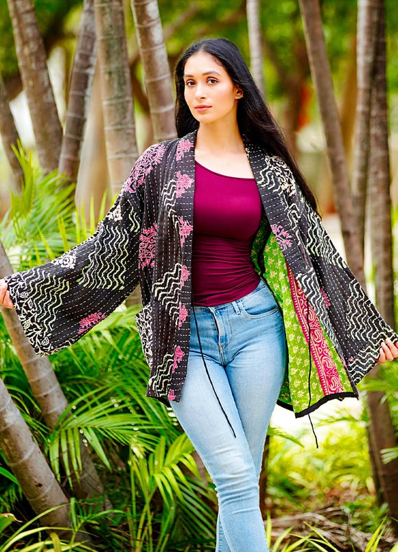 Reversible Black Toned Kantha Kimono Jacket