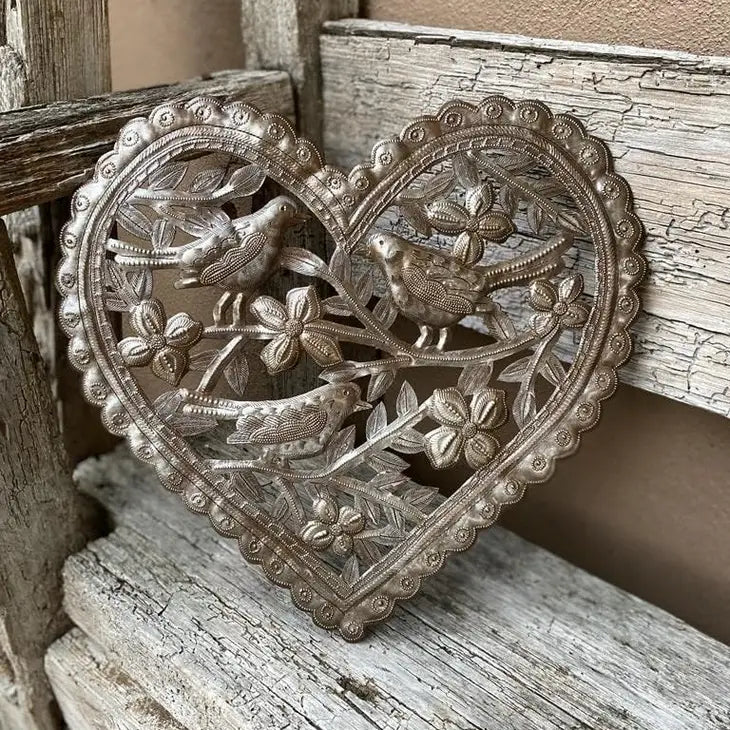 Birds and Flowers Heart Shaped Metal Wall Art