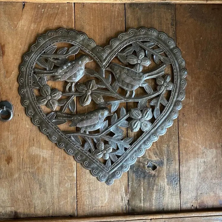 Birds and Flowers Heart Shaped Metal Wall Art