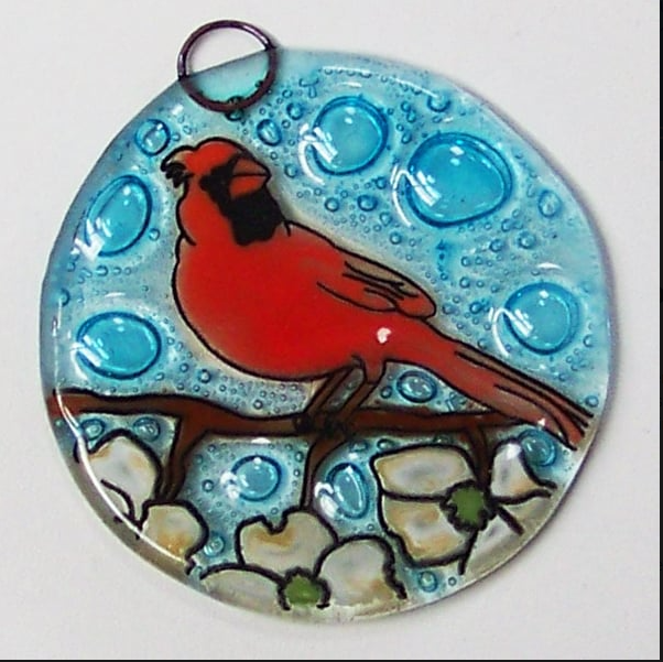 Cardinal On Dogwood Tree Recycled Glass Ornament