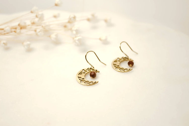 Dainty Brass Floral Moon Earrings