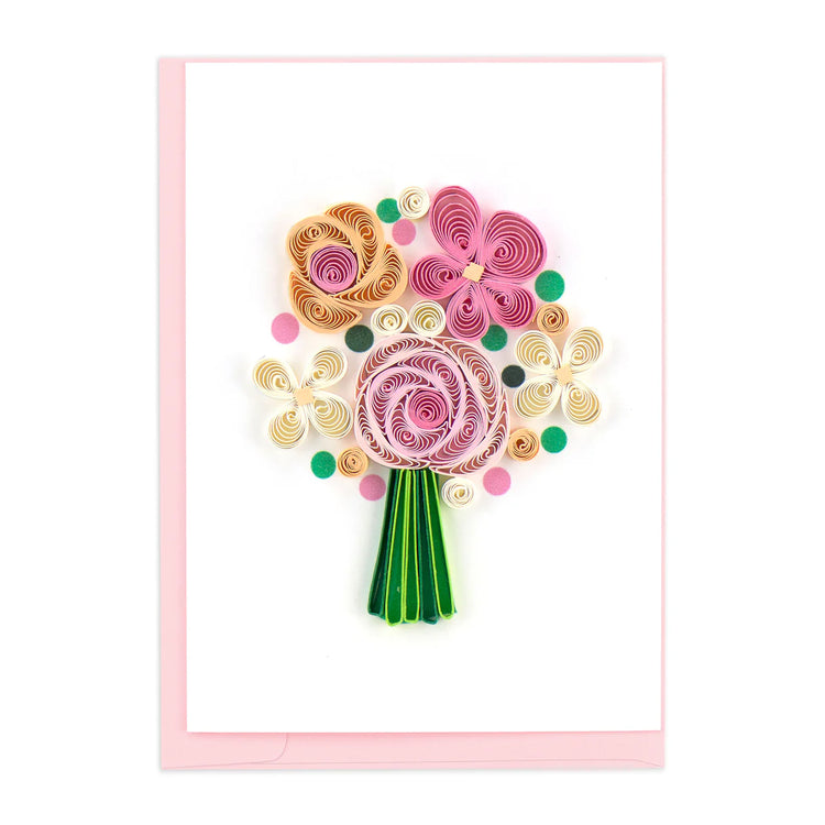 Notecard featuring a quilled floral bouquet in pastel tones.