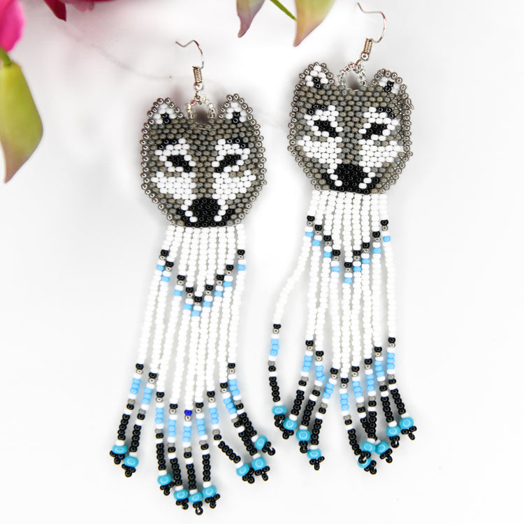 Wolf Beaded Fringe Earrings