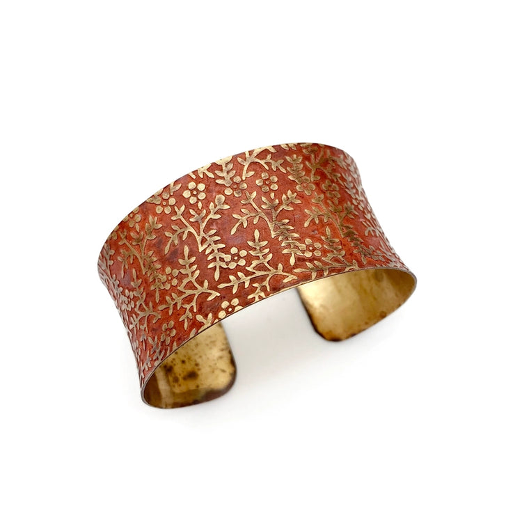Red Orange Brass Floral Vine Cuff