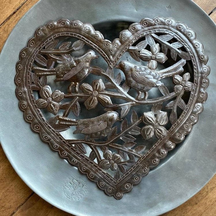 Birds and Flowers Heart Shaped Metal Wall Art