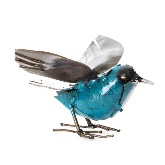 Decorative bird sculpture with turquoise body and gray wings on a white background
