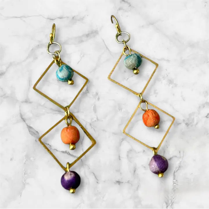 Kantha Geometric Drop Earrings