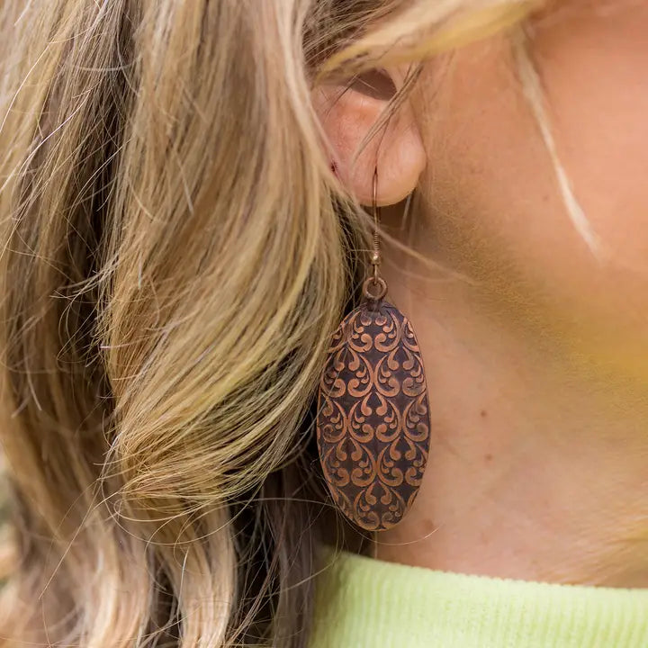 Brown Ornate Patina Oval Earrings