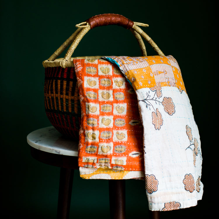 Bolga African Market Basket and Kantha Throw Set
