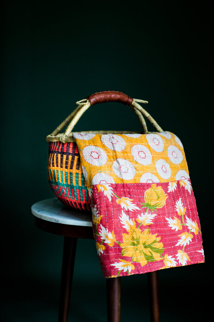 Bolga African Market Basket and Kantha Throw Set