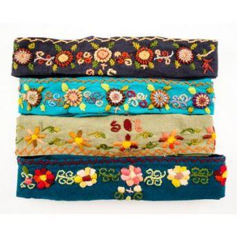 Lucia's World Emporium Fair Trade Handmade Guatemalan Cotton Embroidered Headband hand stitched floral pattern elastic gather