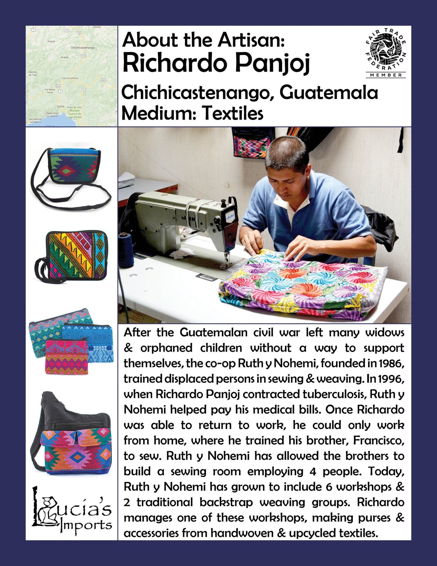 Lucia's World Emporium Fair Trade Handmade Guatemalan Chichi Patch Backpack Artisan Info