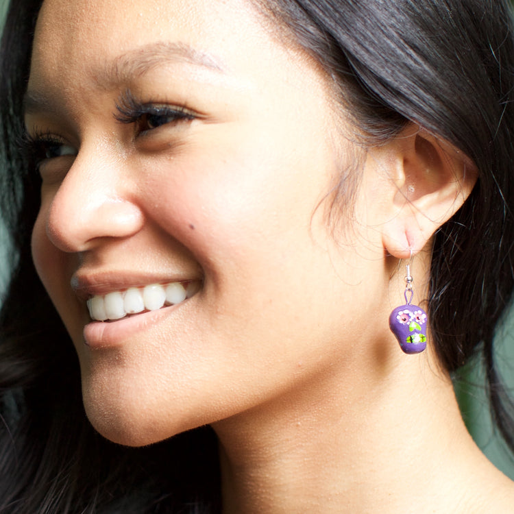 Lucia's World Emporium Fair Trade Handmade Ceramic Skeleton Earrings from Guatemala in Purple