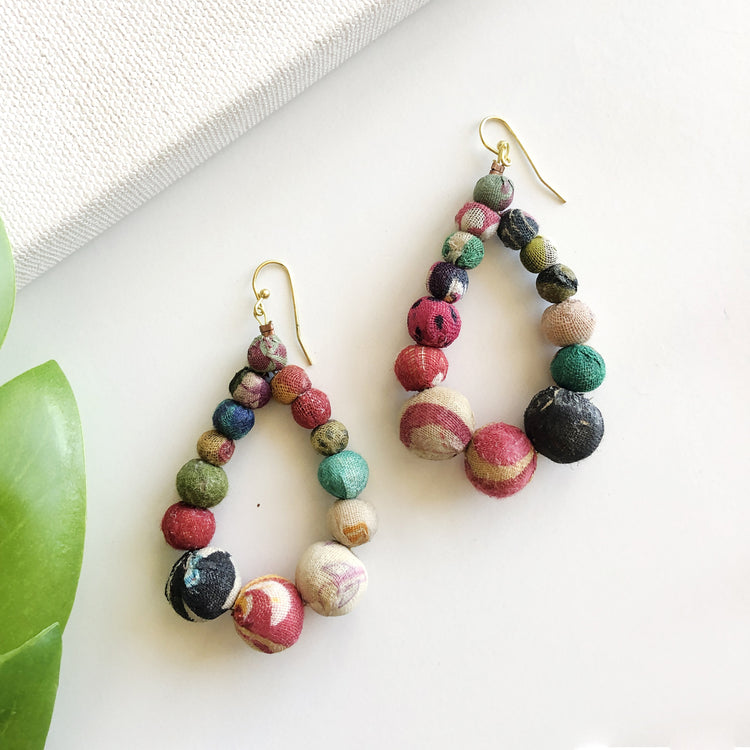 Fair trade up cycled textile teardrop earrings