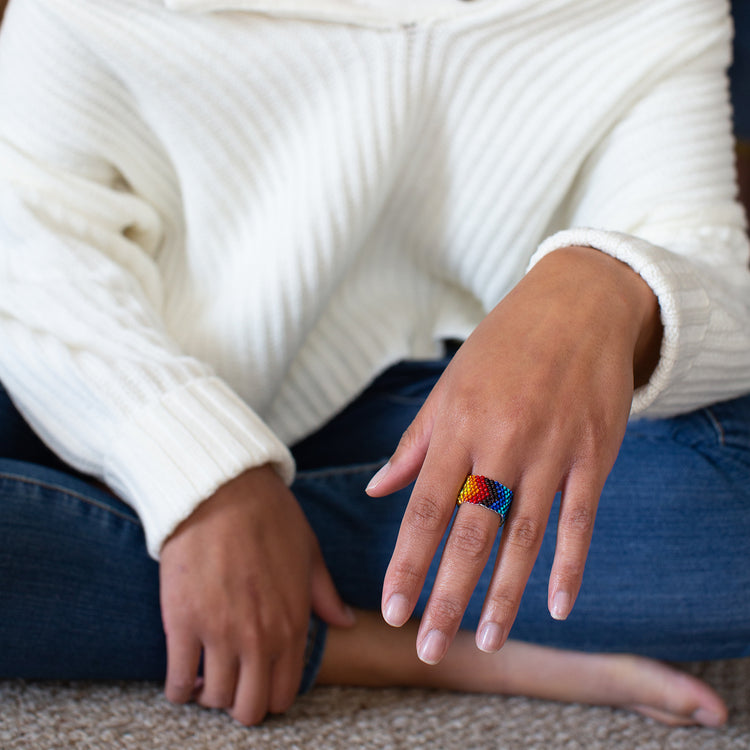 rainbow beaded ring fair trade guatemalan