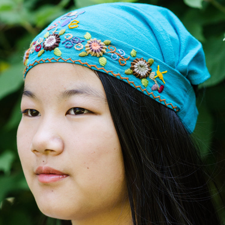 Lucia's World Emporium Fair Trade Handmade Guatemalan Cotton Embroidered Headband hand stitched floral pattern elastic gather