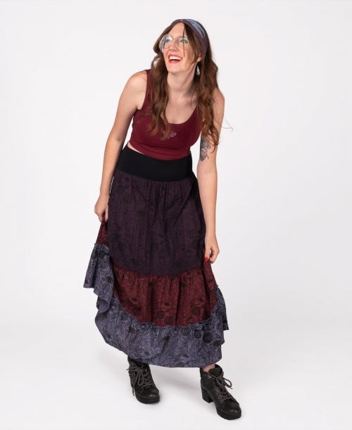 Plum Three Tier Maxi Skirt with Pockets