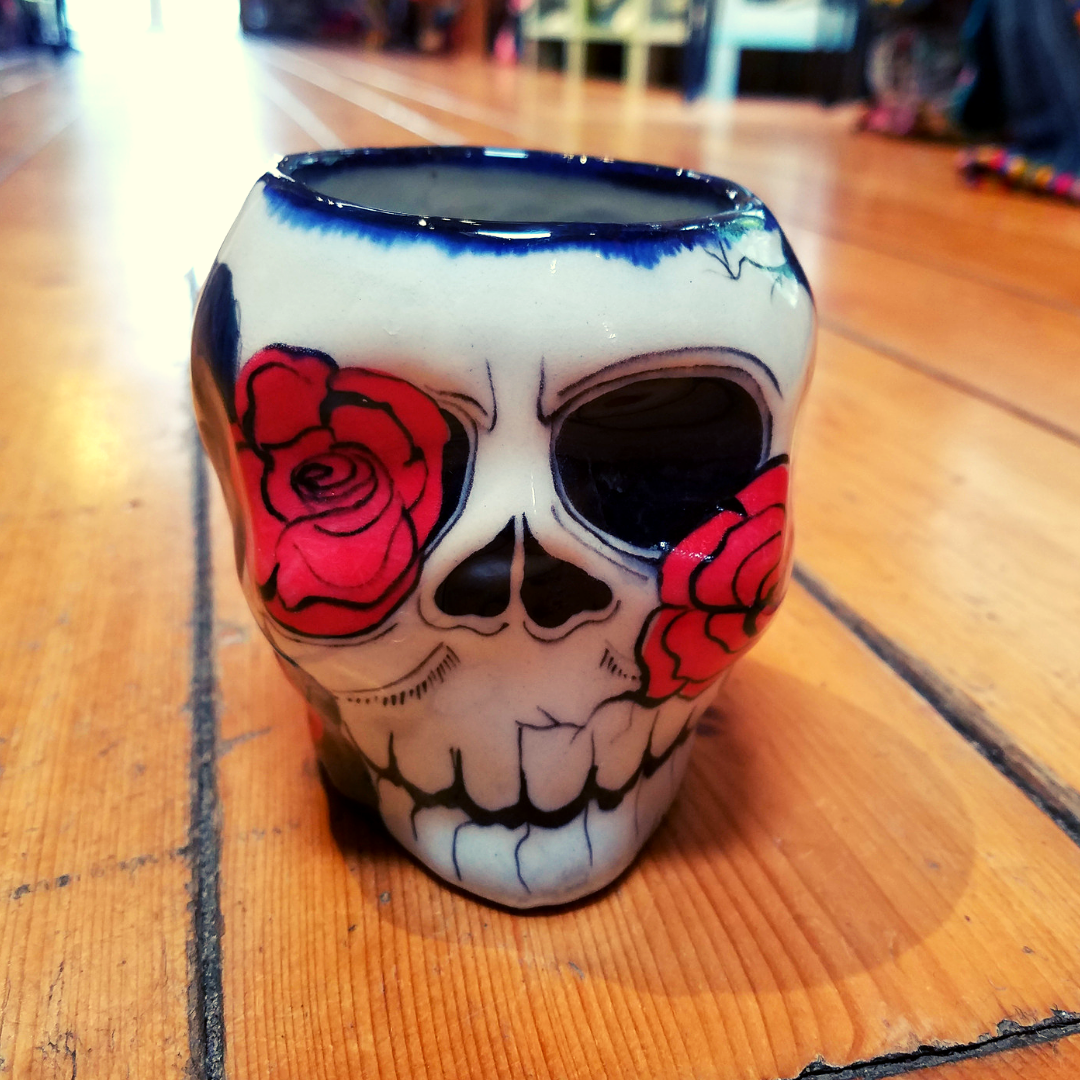 Lucia's World Emporium Fair Trade & Handmade Ceramic Sugar Skull Mug with Rose Design from Guatemala