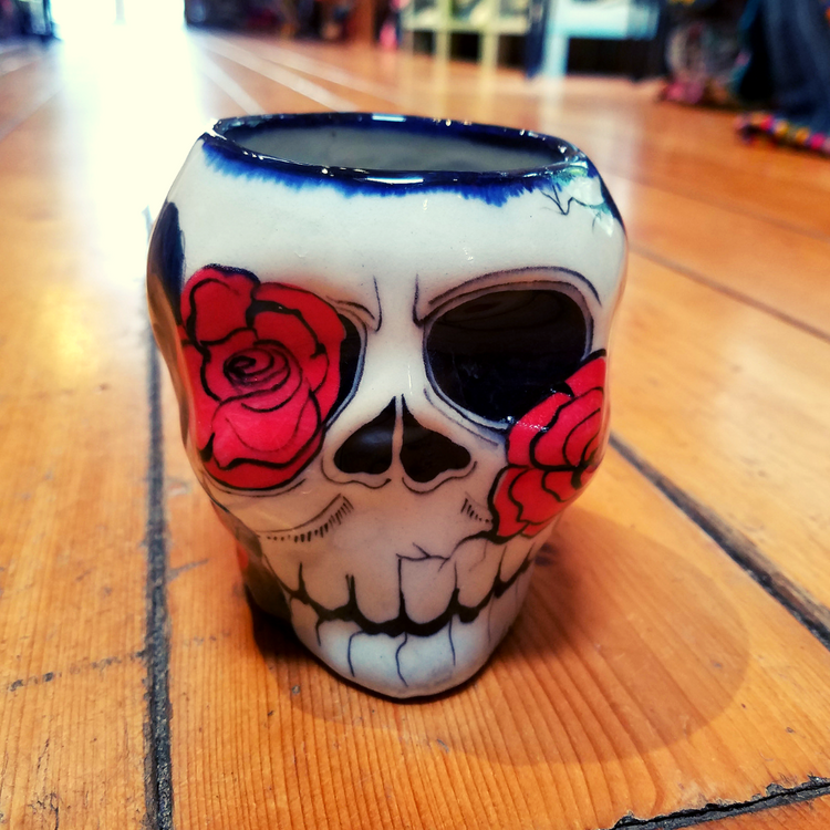 Lucia's World Emporium Fair Trade & Handmade Ceramic Sugar Skull Mug with Rose Design from Guatemala