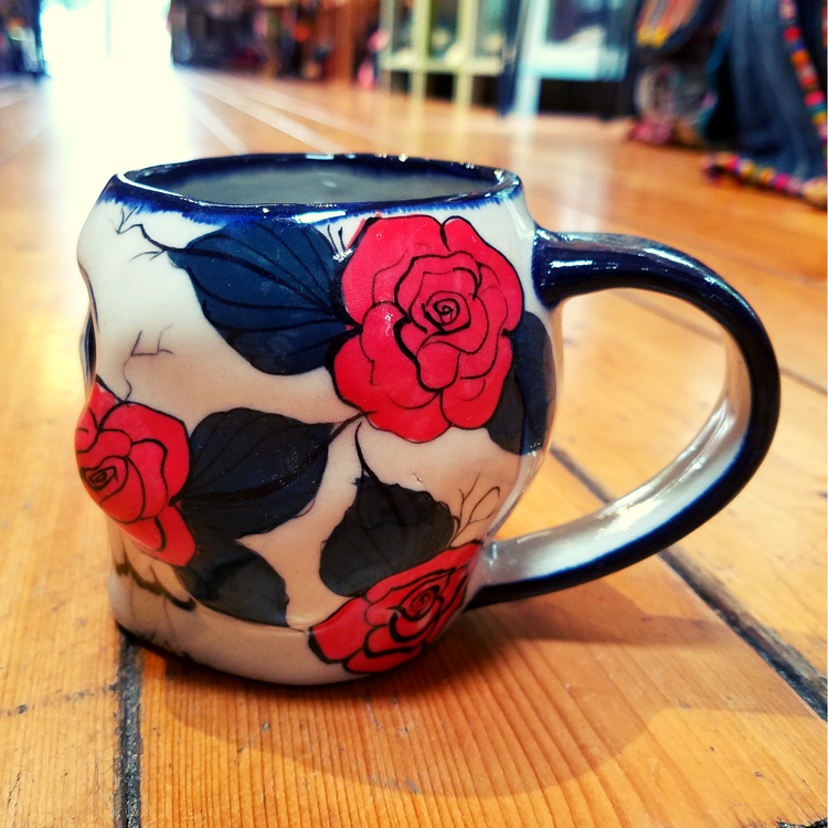 Lucia's World Emporium Fair Trade & Handmade Ceramic Sugar Skull Mug with Rose Design from Guatemala