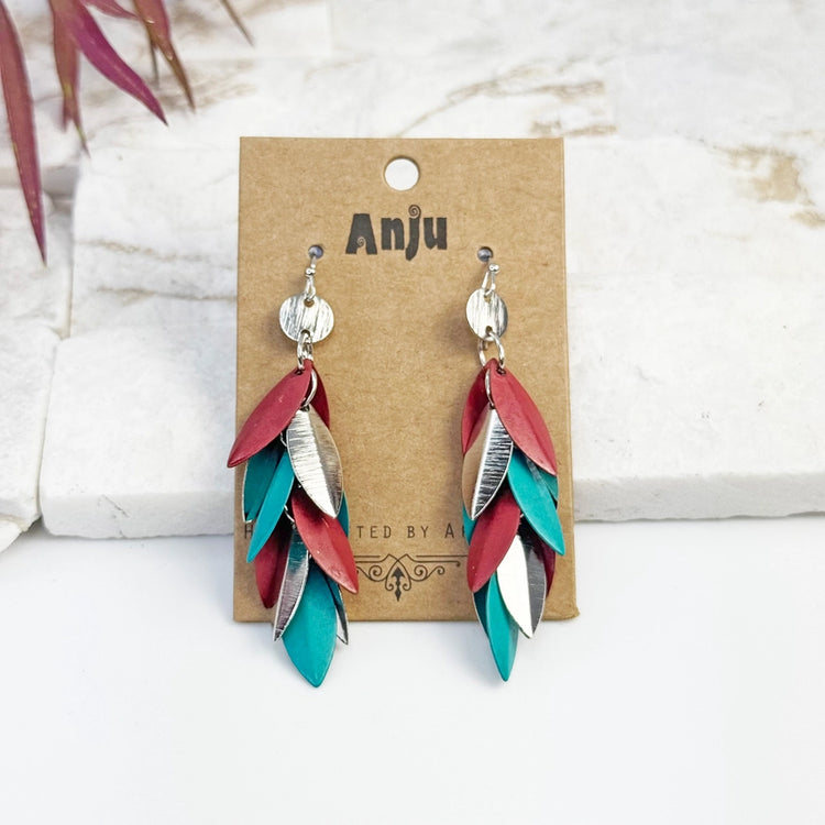 Fuchsia & Teal Patina Leaf Dangle Earrings