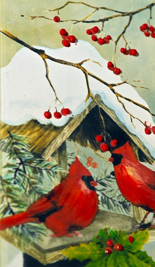 Cardinals on a Snowy Bird House Flat Candle