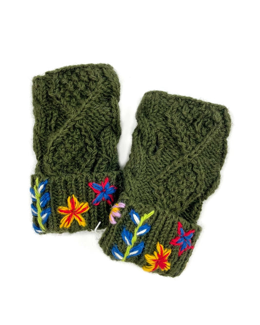 Embroidered Cable Knit Fingerless Gloves