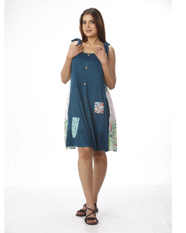 Blue Viscose Patchwork Mini Dress