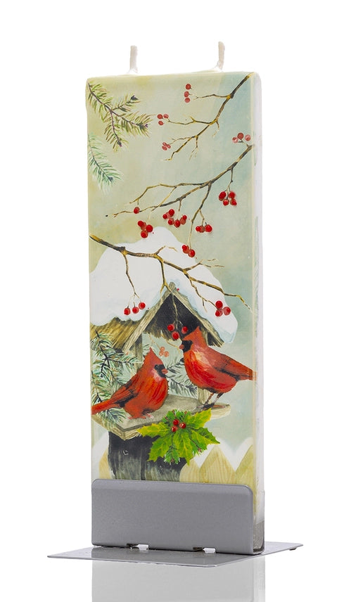 Cardinals on a Snowy Bird House Flat Candle