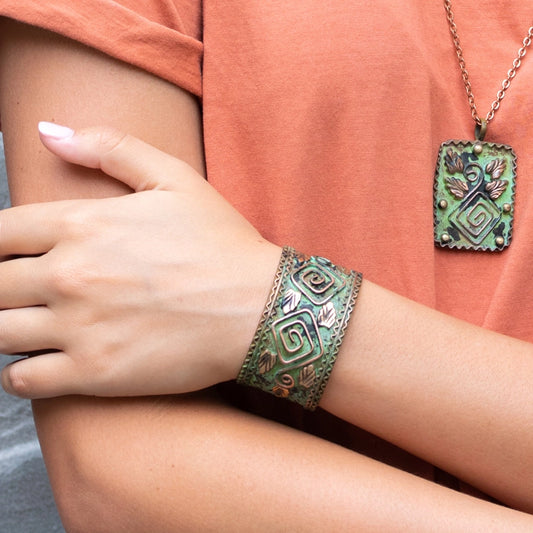 Square Spirals and Leaves Copper Patina Cuff