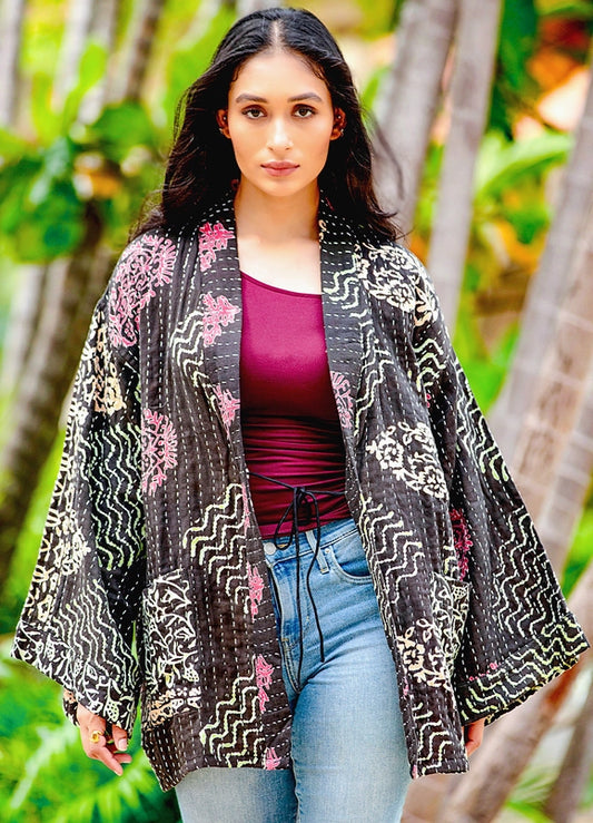 Reversible Black Toned Kantha Kimono Jacket