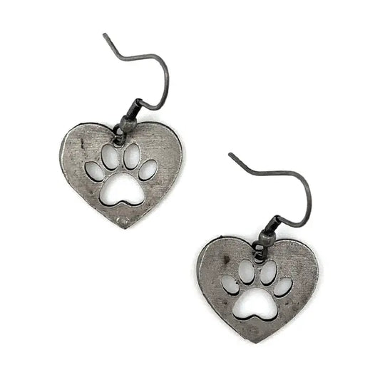 Paw Print Heart Pewter Earrings