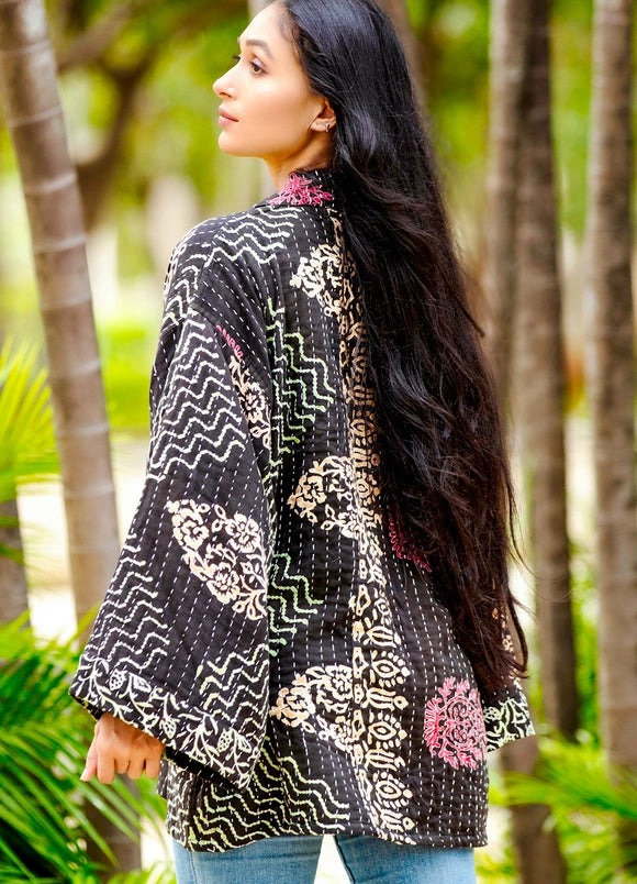 Reversible Black Toned Kantha Kimono Jacket