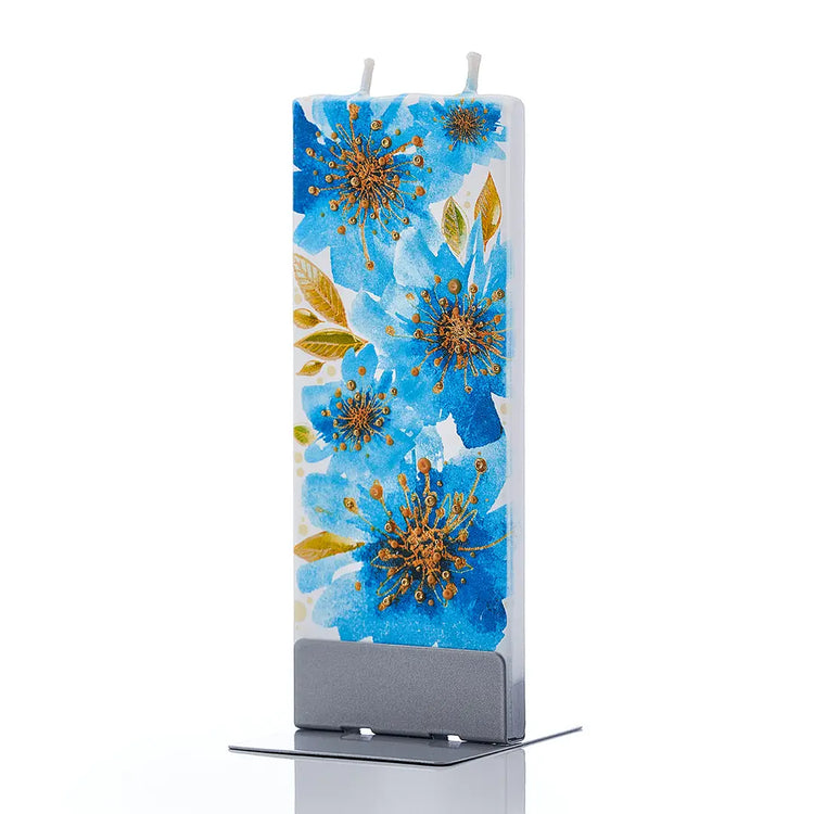 Blue and Gold Flowers Flat Handmade Candle