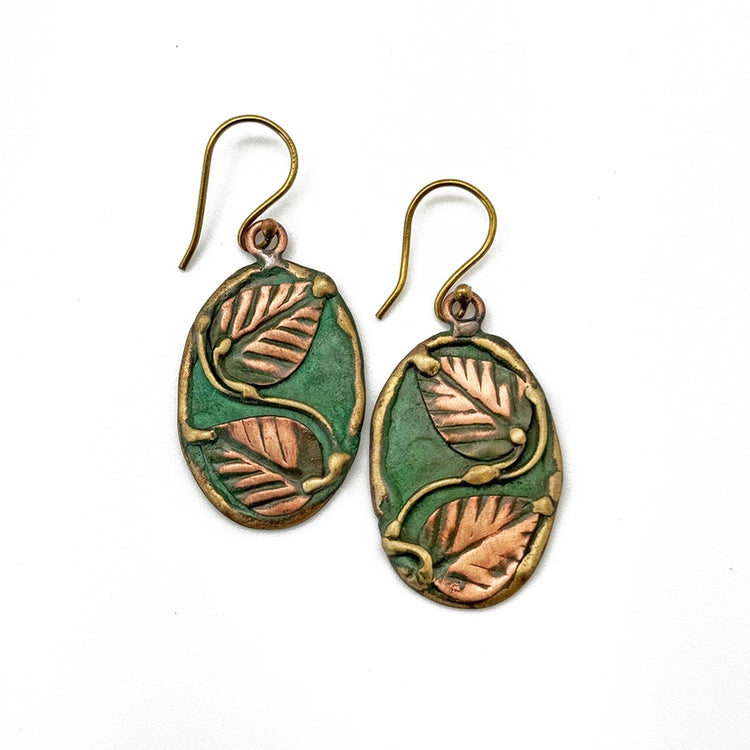 Green & Copper Vine Leaf Patina Earrings