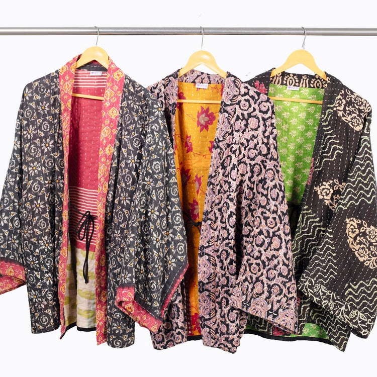Reversible Black Toned Kantha Kimono Jacket