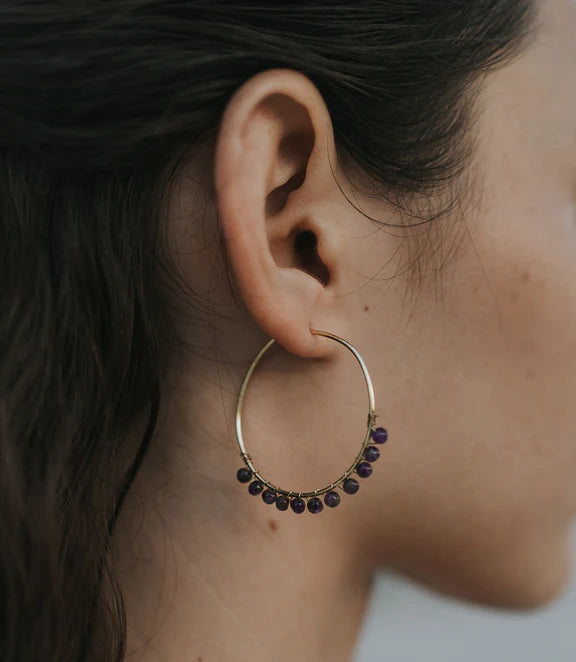 Jambumani Amethyst Beaded Gold Hoop Earring