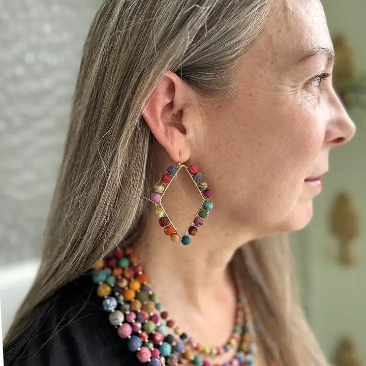 Dotted Diamond Kantha Framed Earrings