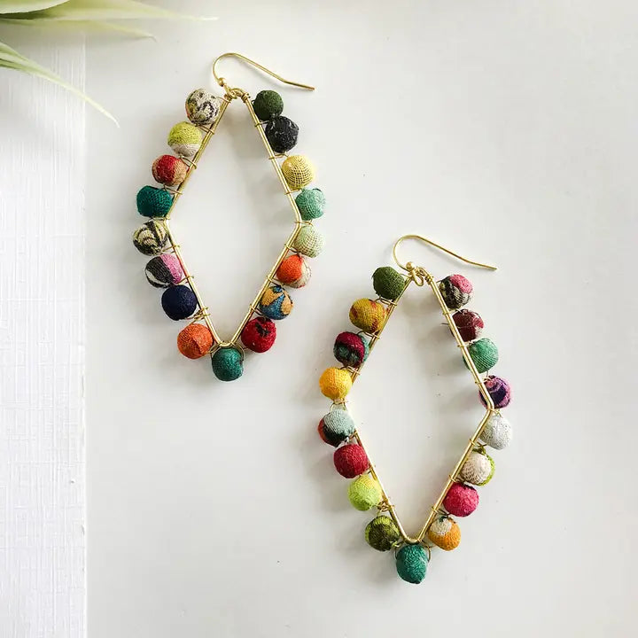 Dotted Diamond Kantha Framed Earrings