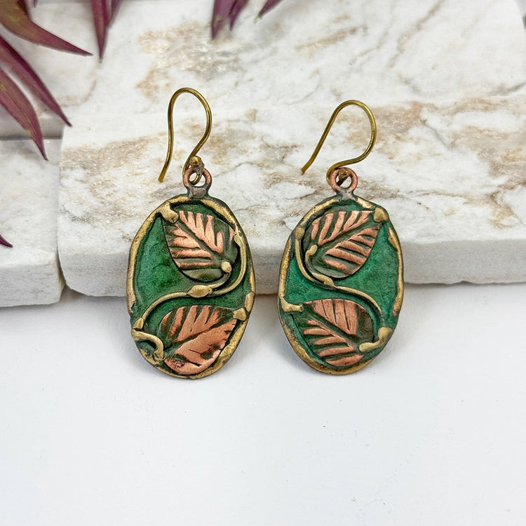 Green & Copper Vine Leaf Patina Earrings