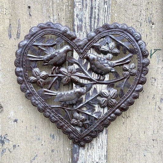 Birds and Flowers Heart Shaped Metal Wall Art