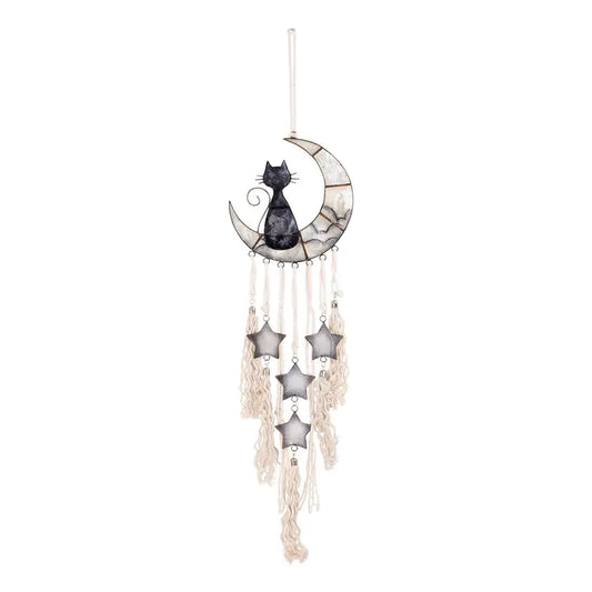 Cat and Moon Capiz and Macrame Wall Hanging