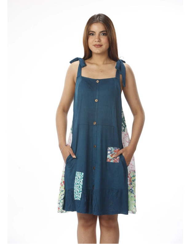 Blue Viscose Patchwork Mini Dress