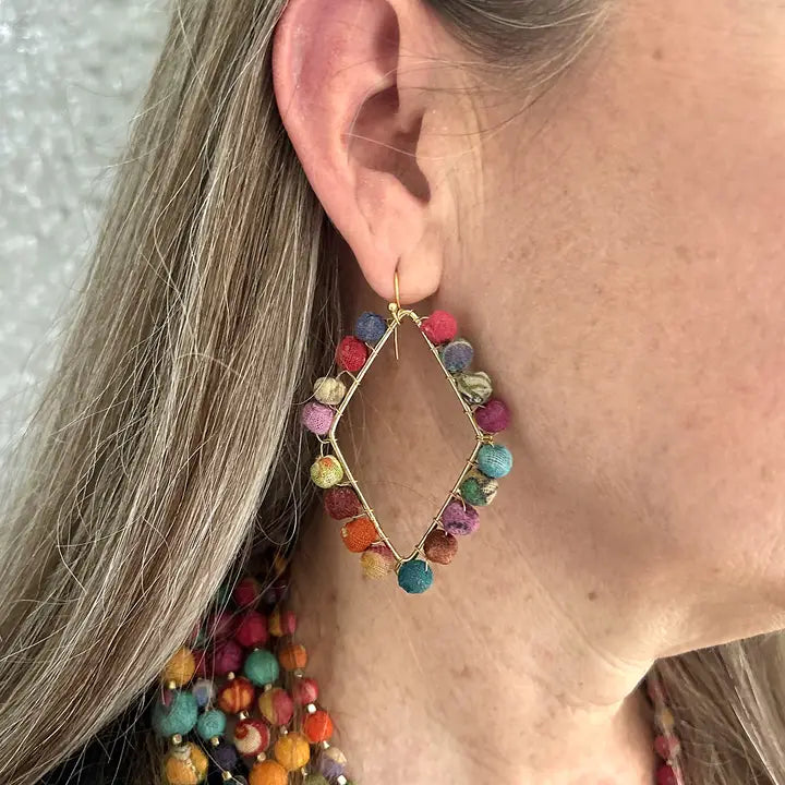Dotted Diamond Kantha Framed Earrings