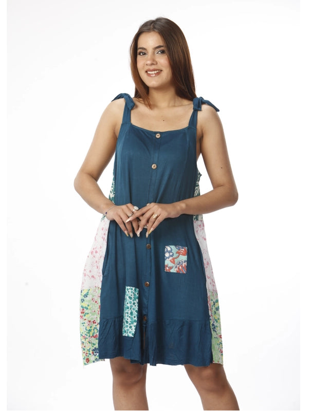 Blue Viscose Patchwork Mini Dress