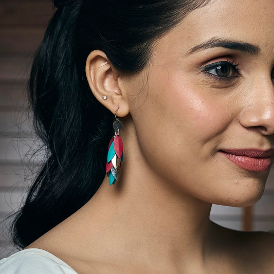 Fuchsia & Teal Patina Leaf Dangle Earrings