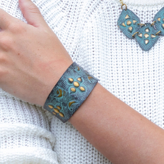 Aqua and Brown Flower Brass Patina Bracelet