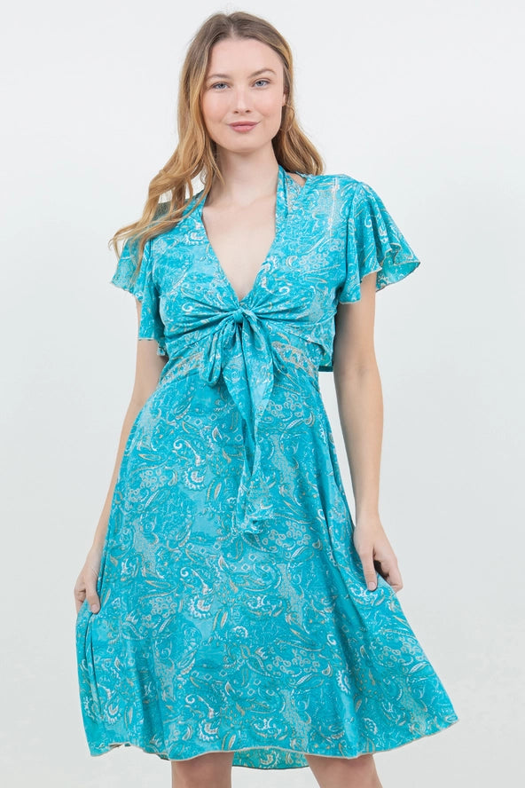 Silky Tie Front Twirl Dress